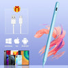 A light blue capacitive stylus pen shown next to various tablet and smartphone logos and connectors.