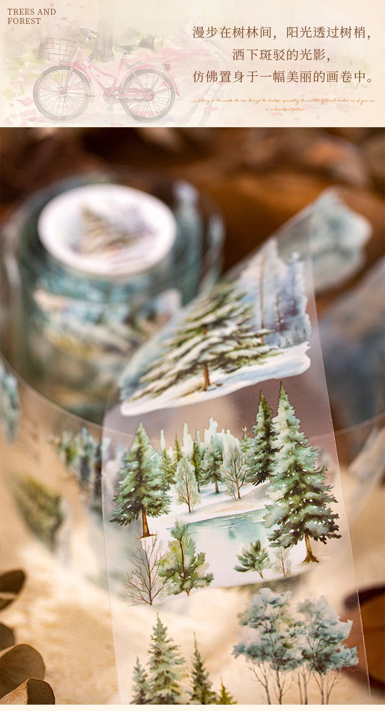 A watercolor illustration of a snowy forest landscape featuring evergreen trees and winter scenery.