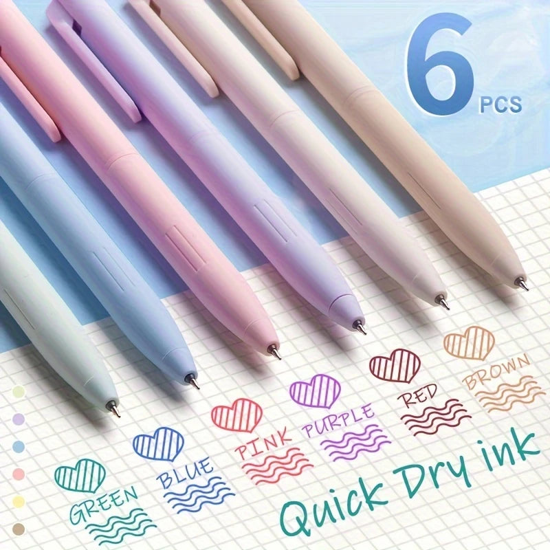 A pack of six pastel gel pens in various shades including pink, purple, and blue writing on graph paper.
