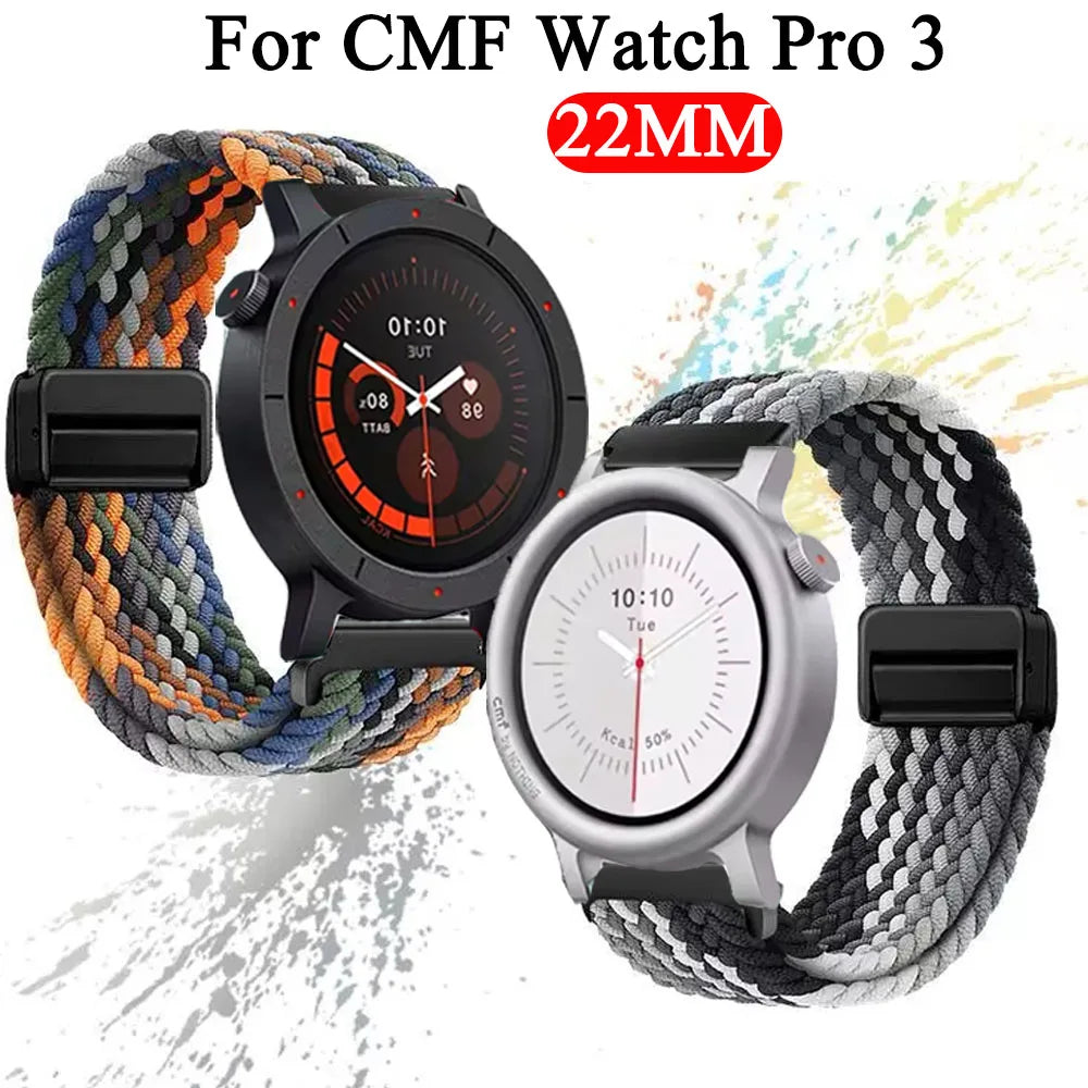 Eine schwarze Uhr mit orangefarbener Zifferblatt und gewebtem Armband neben dem abgenommenen silbernen Armband.