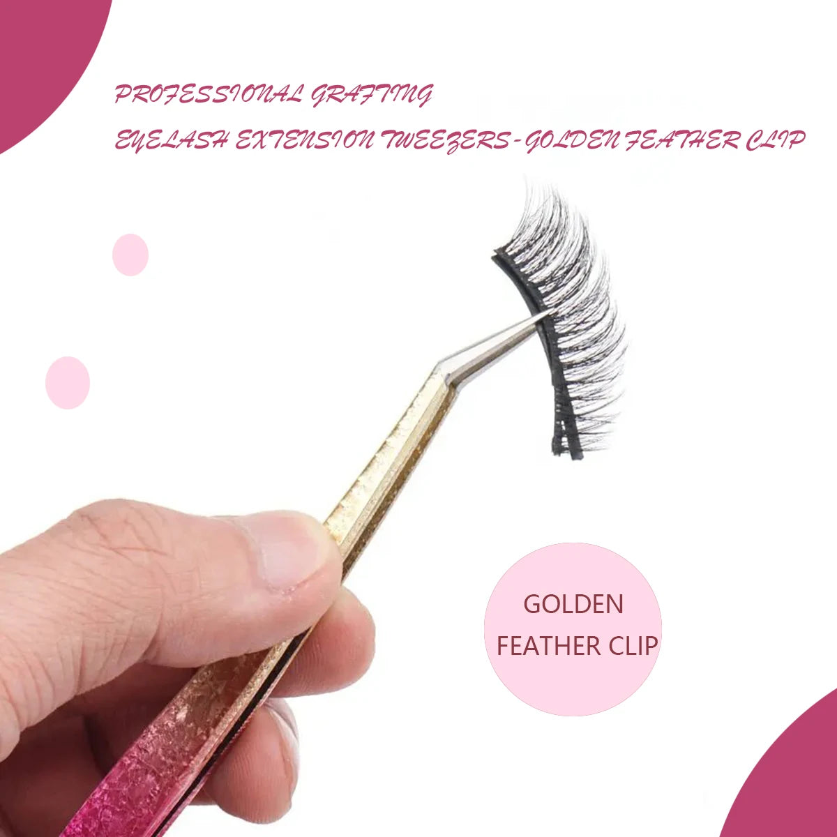 A hand holds a gold feather clip eyelash extension tweezers with a gradient finish.