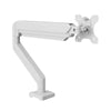 A white adjustable desk monitor arm designed for mounting laptops and monitors.