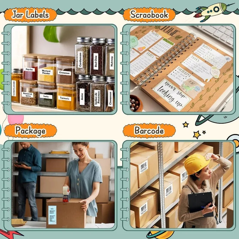 Set an Glasetiketten, ein Scrapbook und Verpackungsmaterial für Mini-Thermalstickerpapier.