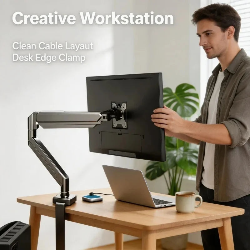 A man is using a clean cable layout desk edge clamp monitor arm to position a laptop on a wooden desk.