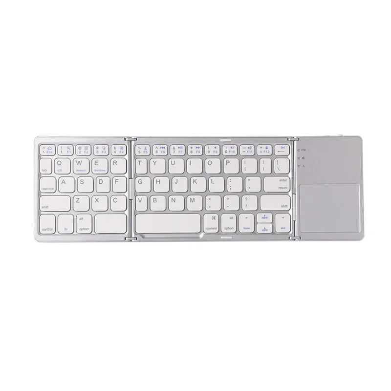 A silver folding Bluetooth keyboard with a touchpad shown from the front.