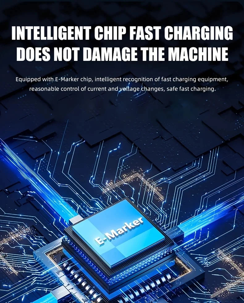 A blue E-Marker chip is shown on a circuit board with glowing blue lines, illustrating intelligent fast charging technology.