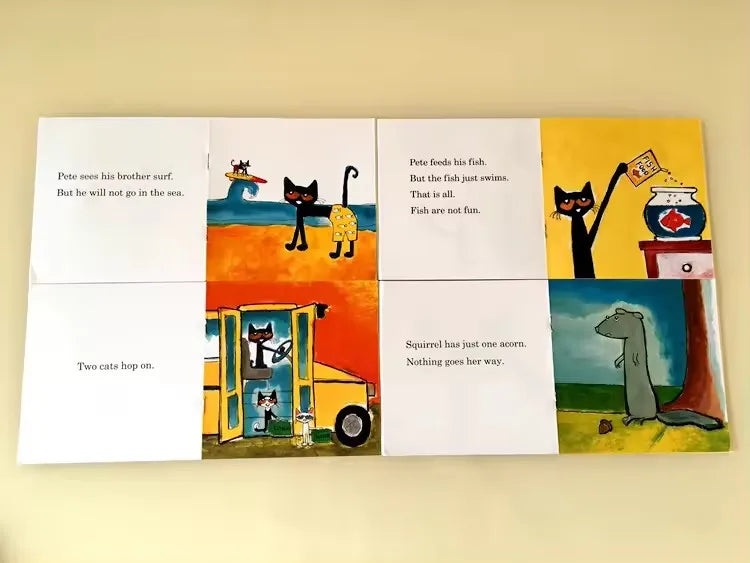 A set of ten picture book pages featuring Pete the Cat and cats in various scenes.