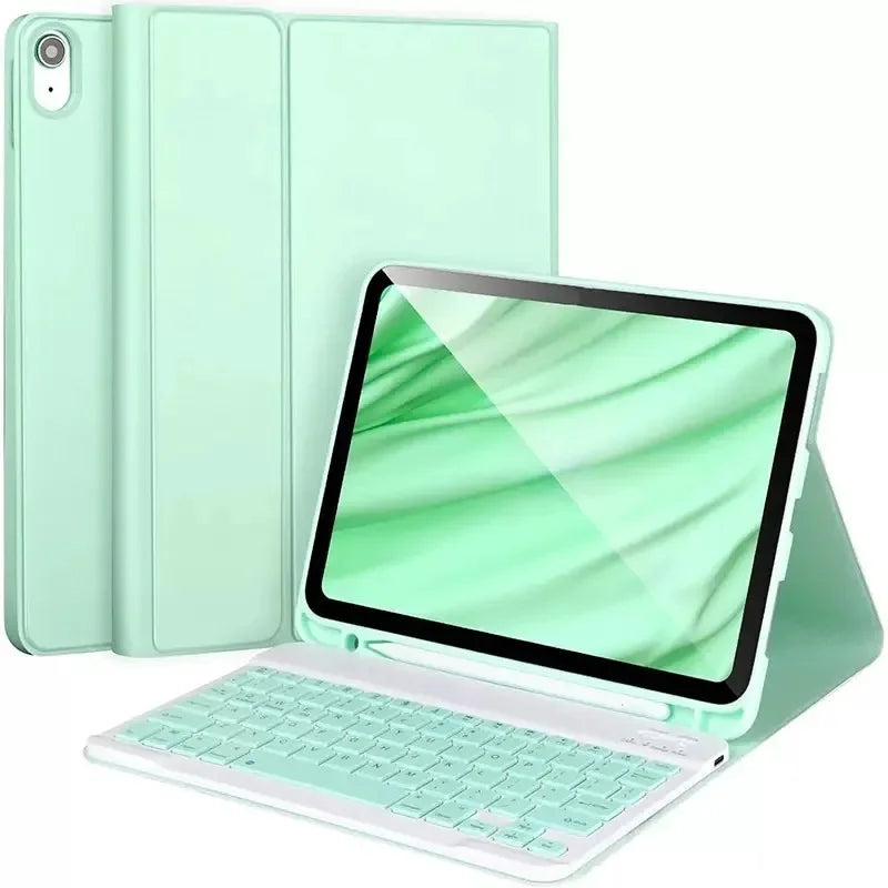 حافظة جلدية فاخرة باللون الأخضر النعناعي الفاتح لجهاز iPad الجيل الحادي عشر مع لوحة مفاتيح بلوتوث متطابقة.
