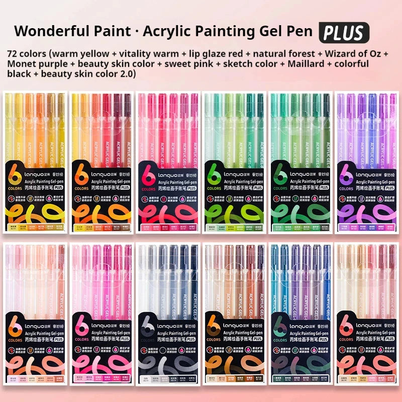 A variety of 72 colors of Languo acrylic painting gel pens in various shades and finishes.