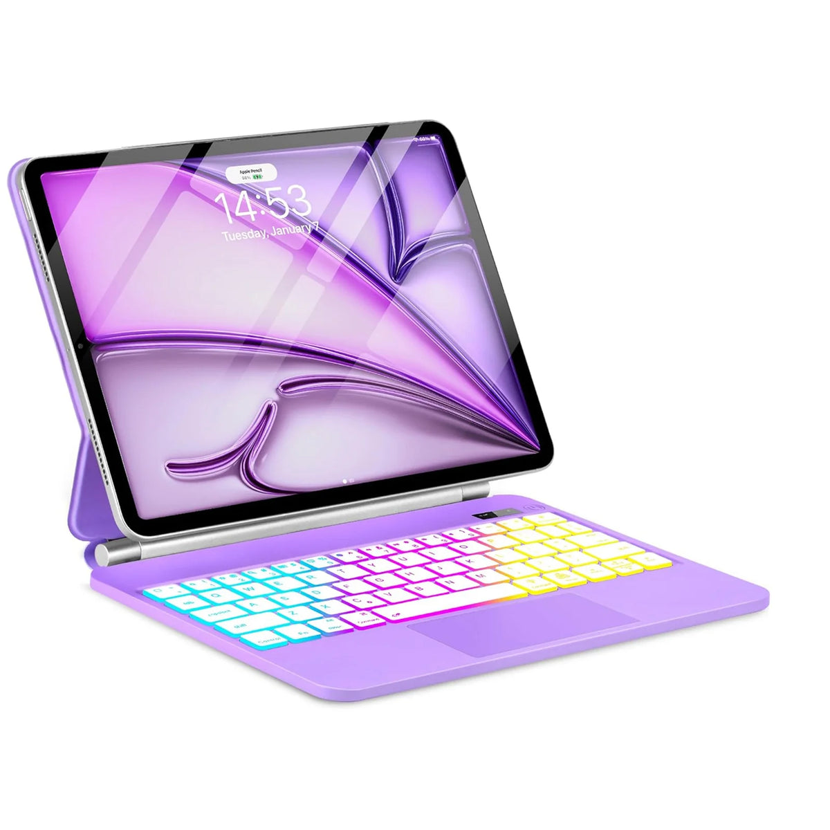 A purple Magic Keyboard case for an iPad showing a vibrant purple screen display.