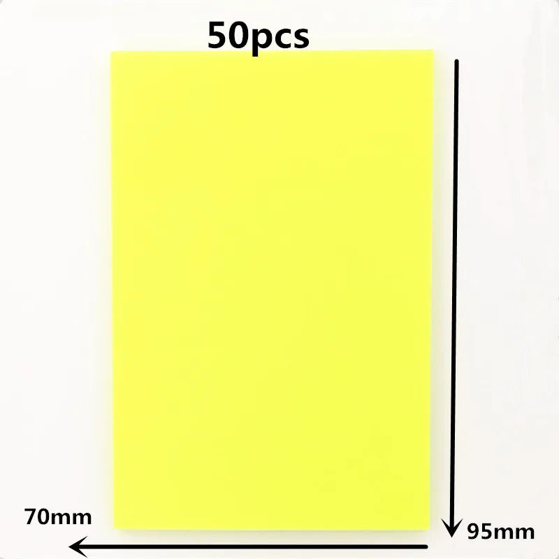 A yellow sheet of transparent sticky notes measuring 70mm by 95mm.
