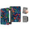 A premium leather case for a Kindle Paperwhite displays a dark floral pattern, shown with an open device and a closed view.