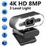 A black 4K HD 8MP light webcam with an auto-focus feature and built-in microphone resting on a stand.