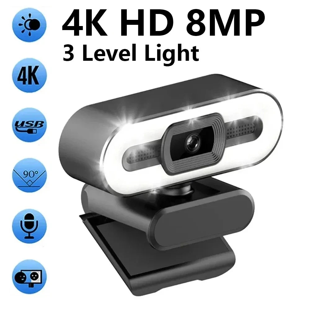 A black 4K HD 8MP light webcam with an auto-focus feature and built-in microphone resting on a stand.