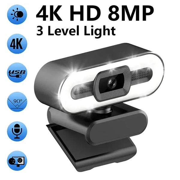 A black 4K HD 8MP light webcam with an auto-focus feature and built-in microphone resting on a stand.