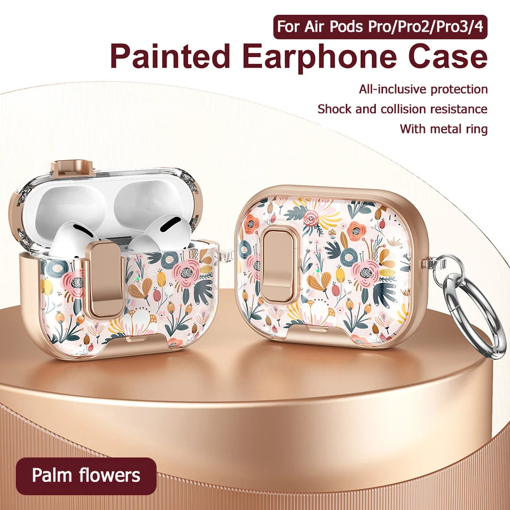 Estuche de audífonos de silicona pintado con estampado floral para AirPods Pro, mostrado en un soporte dorado.