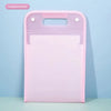 A pink transparent accordion document organizer with a handle is displayed against a light blue background.