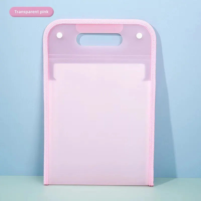 A pink transparent accordion document organizer with a handle is displayed against a light blue background.