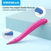 A pink KW-triO pen-shaped needle remover tool is shown on a light blue background with inset images demonstrating its use.