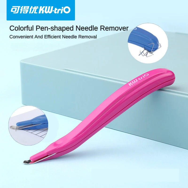 A pink KW-triO pen-shaped needle remover tool is shown on a light blue background with inset images demonstrating its use.
