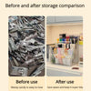 Comparison showing messy art supplies before and after using an acrylic desk organizer.