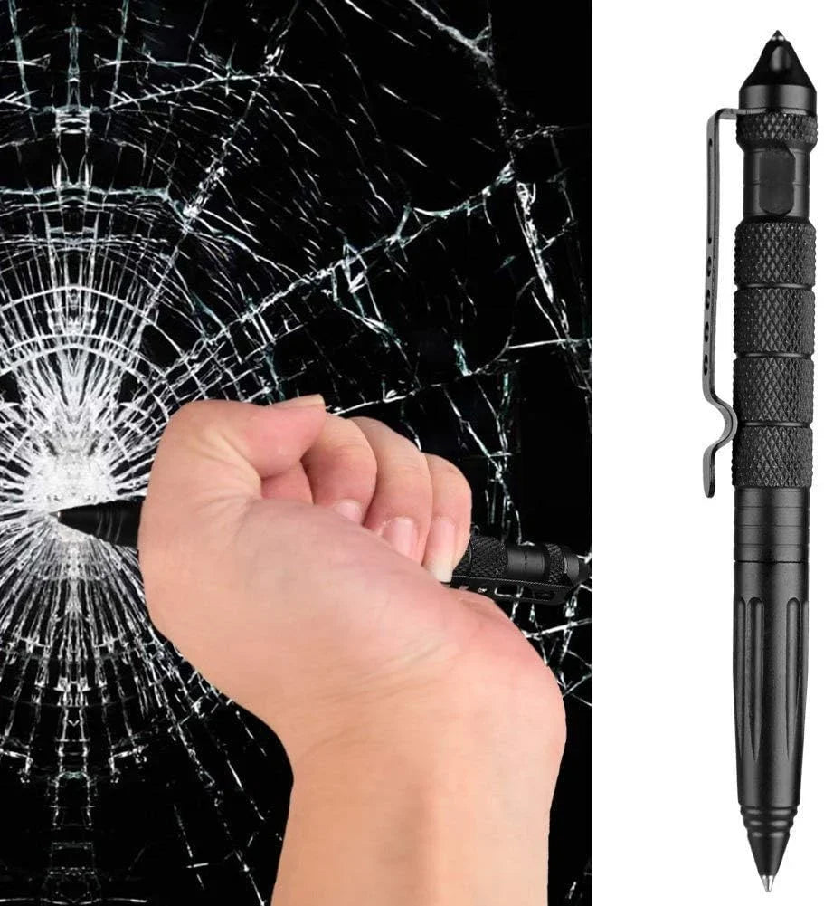 A hand is shown breaking a spiderweb on a black surface, demonstrating the tactical self-defense pen.
