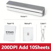 A compact gray thermal receipt printer shown next to paper sheets, a manual, and a power cable.