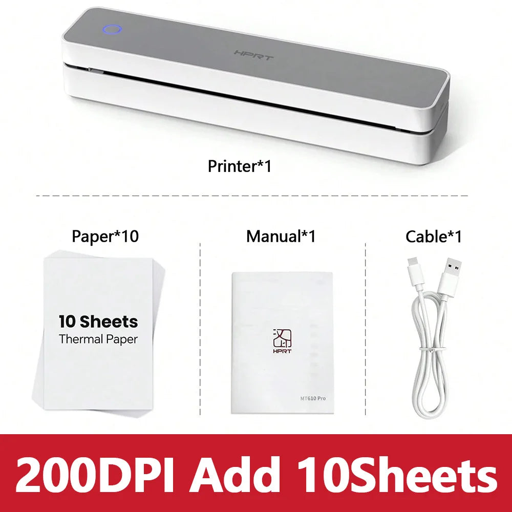 A compact gray thermal receipt printer shown next to paper sheets, a manual, and a power cable.