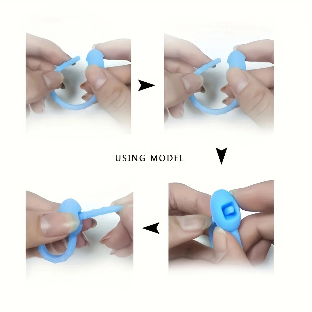 Hands demonstrate the silicone cable organizer with zipper closure, showing how to open and close the device.