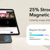 A tablet displaying a screen with text and an illustration of a magnetic folio case being snapped onto the device.