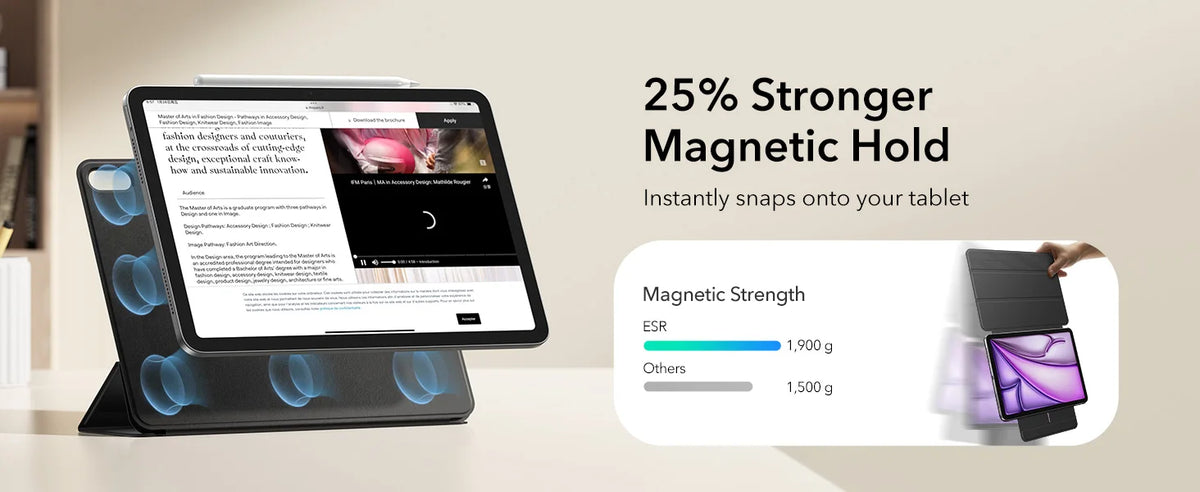A tablet displaying a screen with text and an illustration of a magnetic folio case being snapped onto the device.