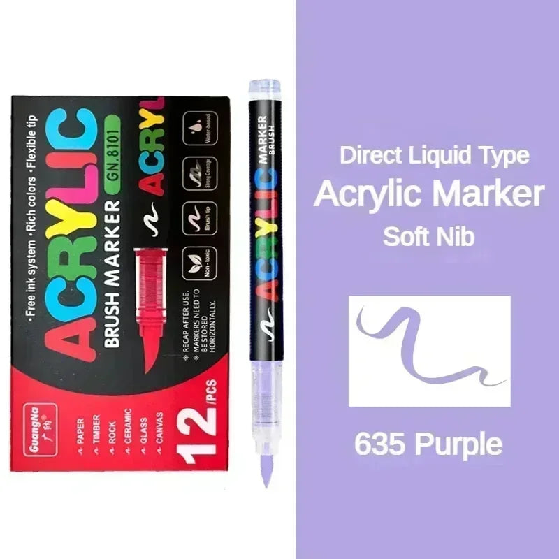 A set of 12 Direct Liquid Type Acrylic Markers in purple color with soft nibs and brush tips