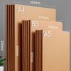 A stack of kraft paper notebooks labeled A4, B5, and A5 sizes with ribbed covers.