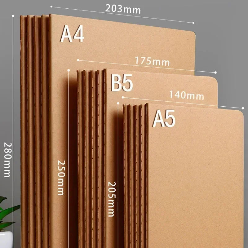 A stack of kraft paper notebooks labeled A4, B5, and A5 sizes with ribbed covers.