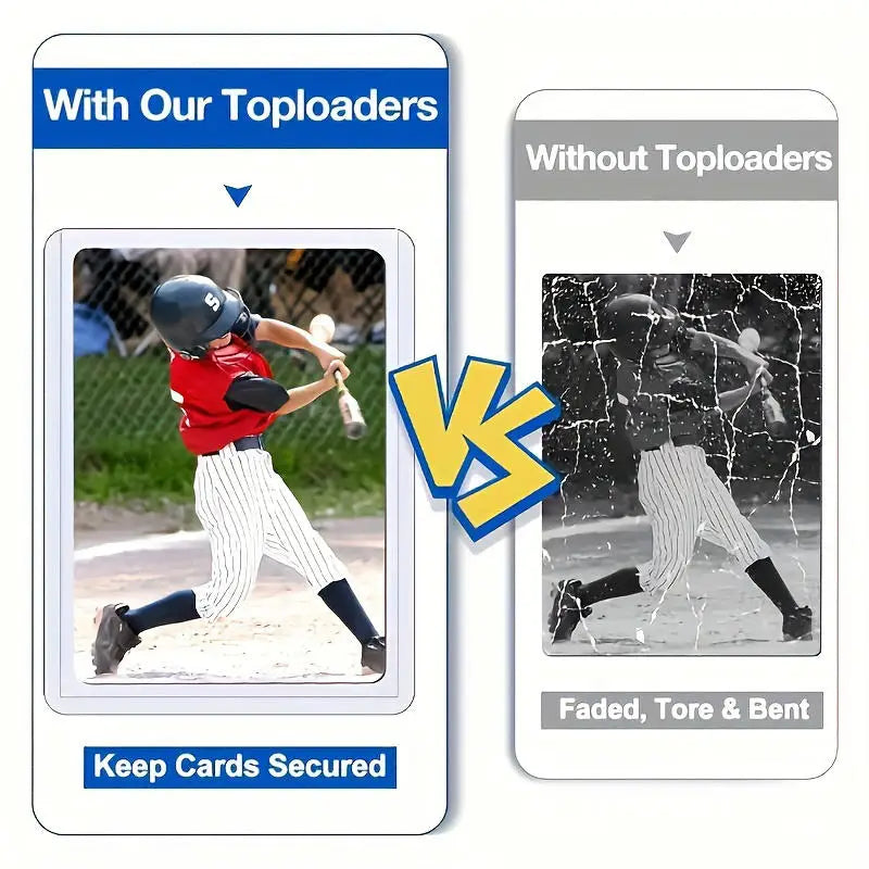 Comparación de fundas para cartas con y sin toploaders, destacando protección y condición de la carta.