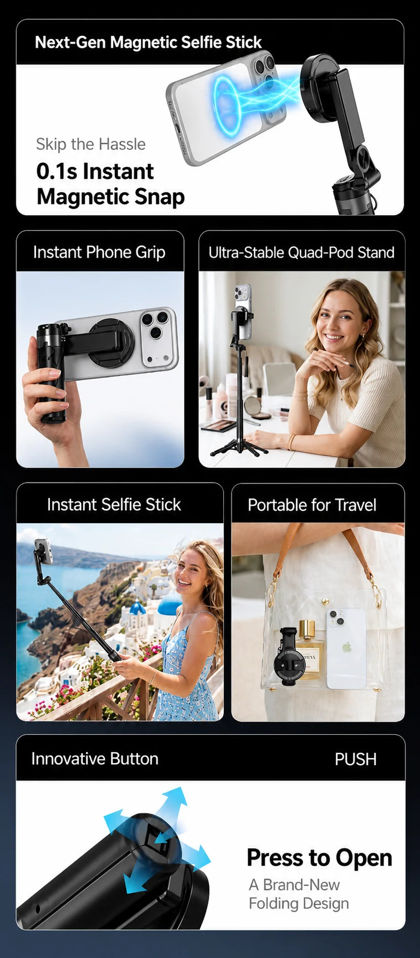 Magnetischer Selfie-Stick-Handyhalter mit innovativer Push-to-Open-Klappkonstruktion in verschiedenen Anwendungen.