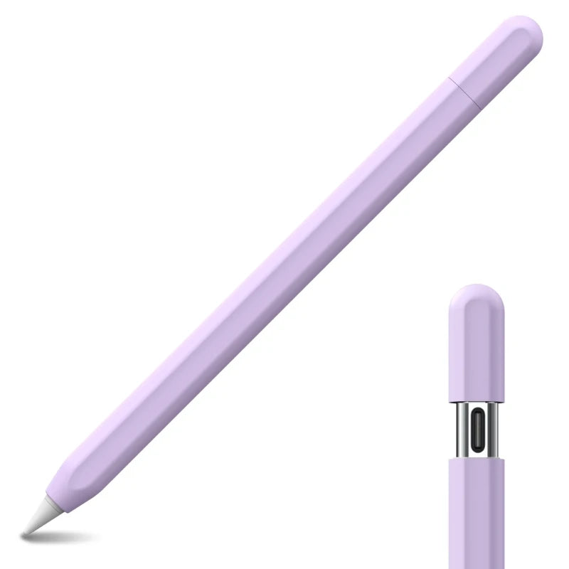 A long, slender light purple silicone protective case for a pencil, shown diagonally.