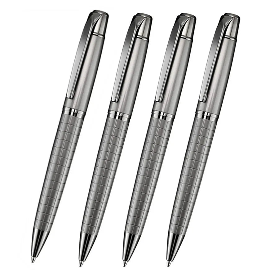 Four silver metal ballpoint pens shown diagonally against a white background.