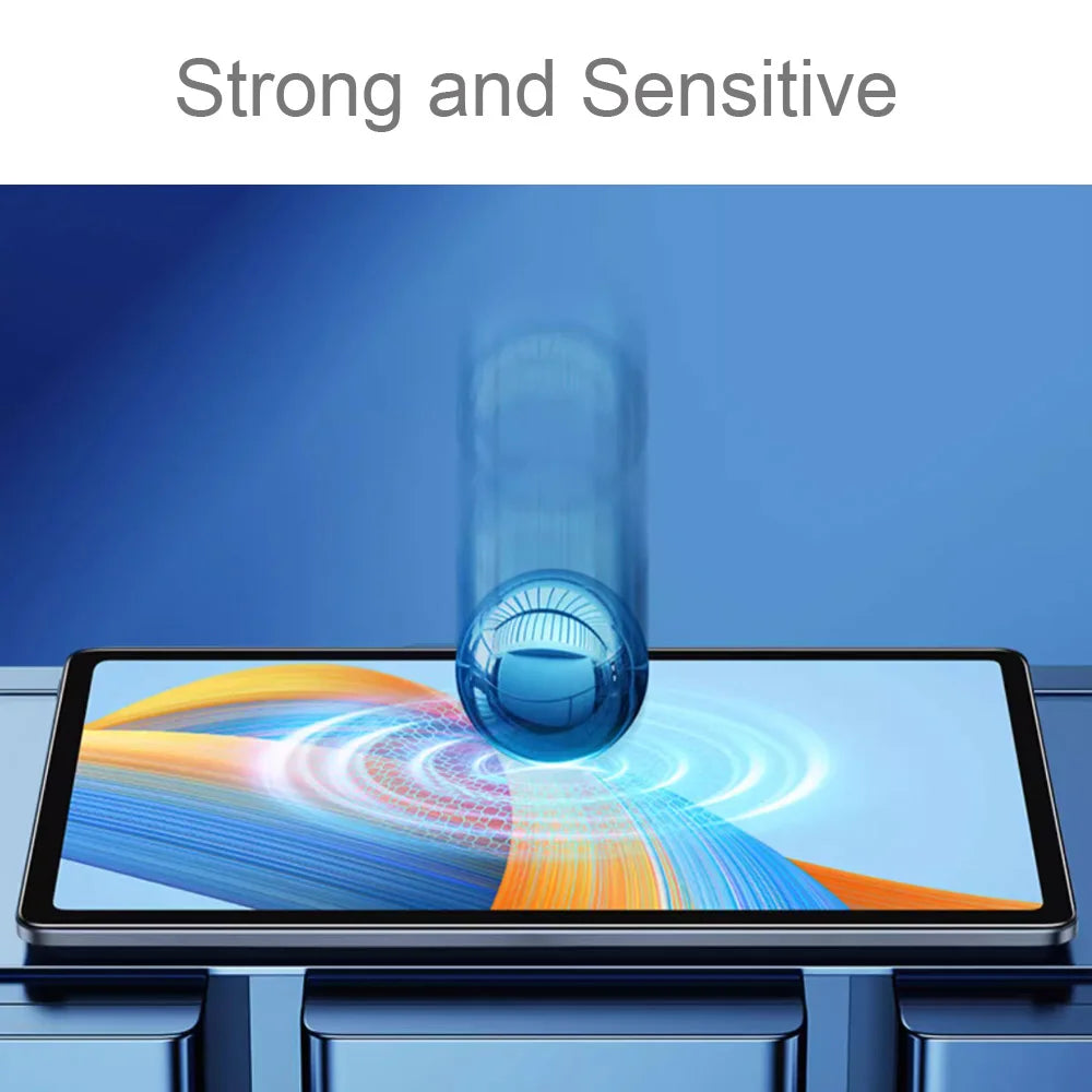 A close-up of a tablet screen displaying colorful light patterns, with a glass protector being applied.