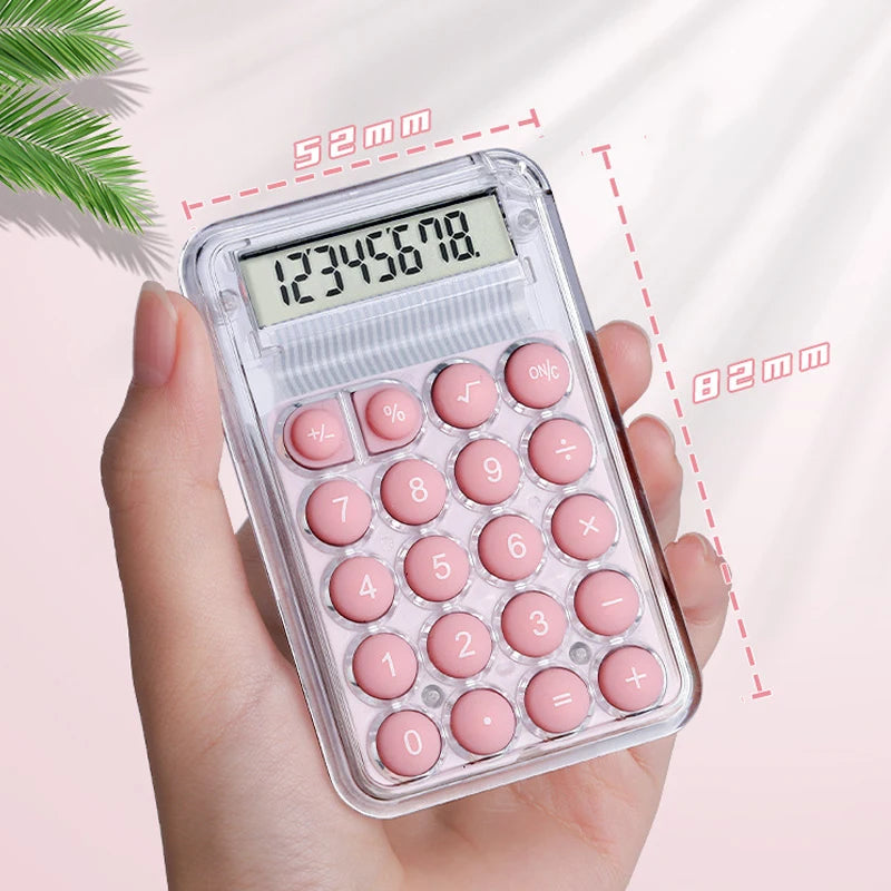A hand holds a clear mini silent calculator displaying the number 12345678.