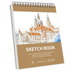 A spiral-bound sketch book featuring an illustration of a historic European cityscape.