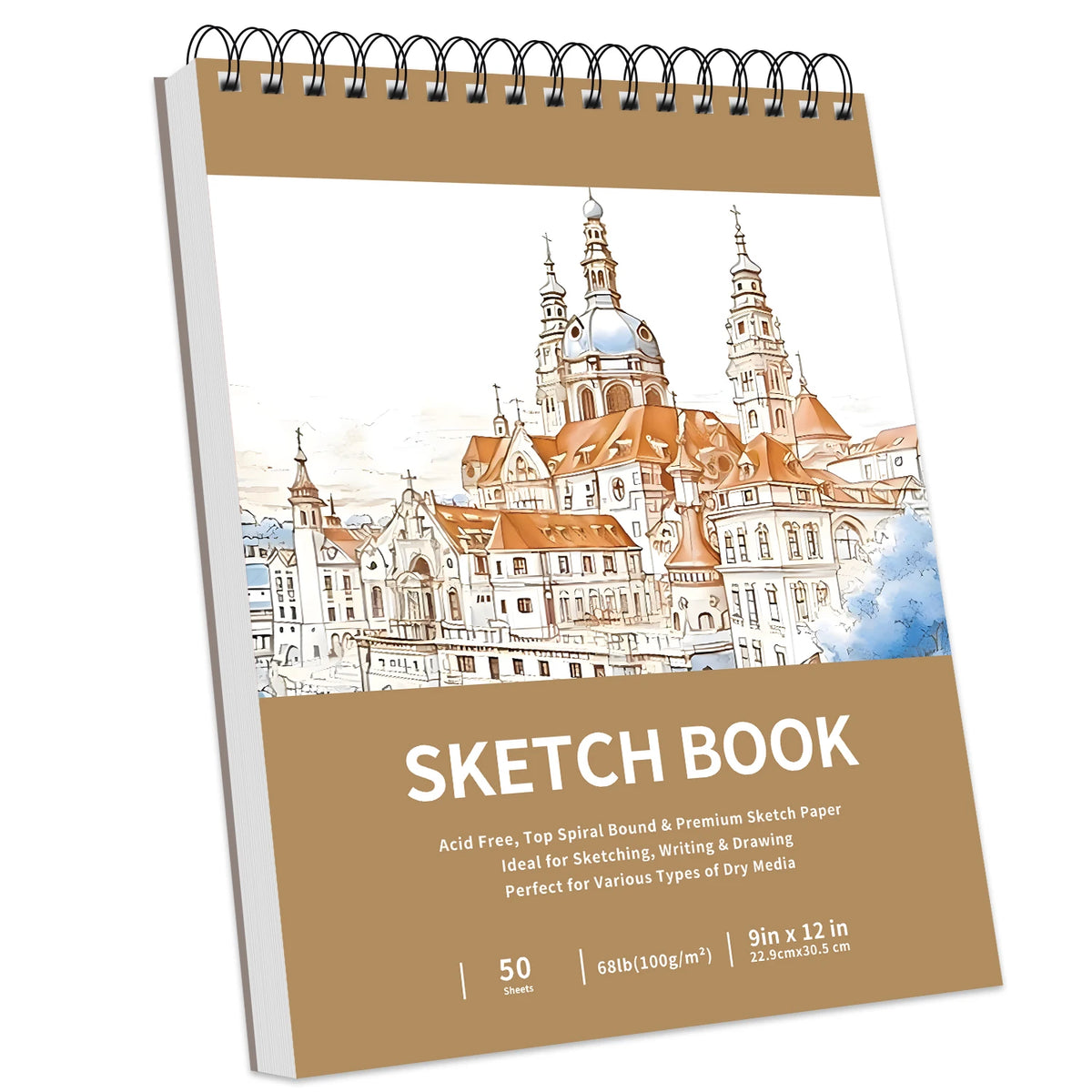 A spiral-bound sketch book featuring an illustration of a historic European cityscape.