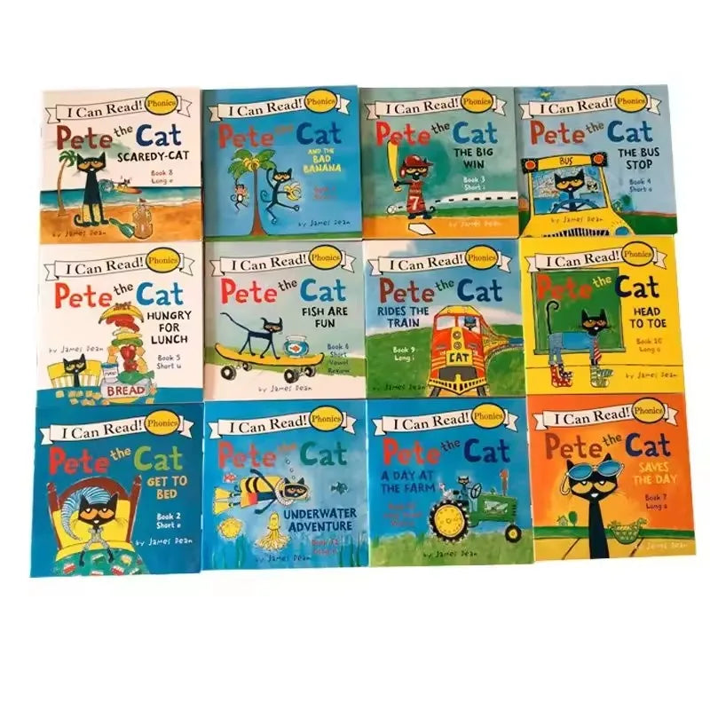 A collection of Pete the Cat picture books featuring various themes like Scary Cat, Bad Banana, Big Win, and Bus Stop.
