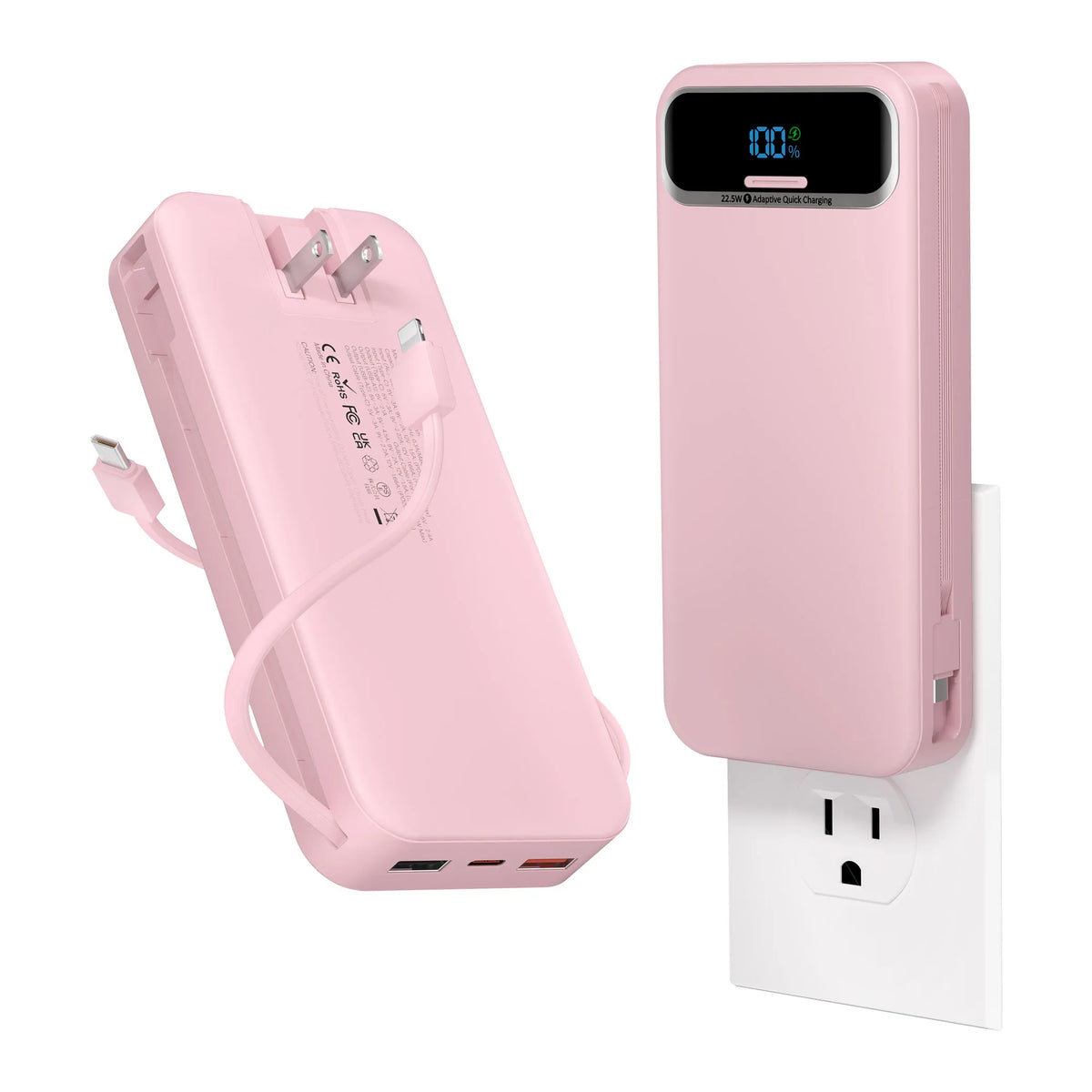 A pink 20000mAh power bank with a built-in AC plug and dual cables is shown next to its charging base.