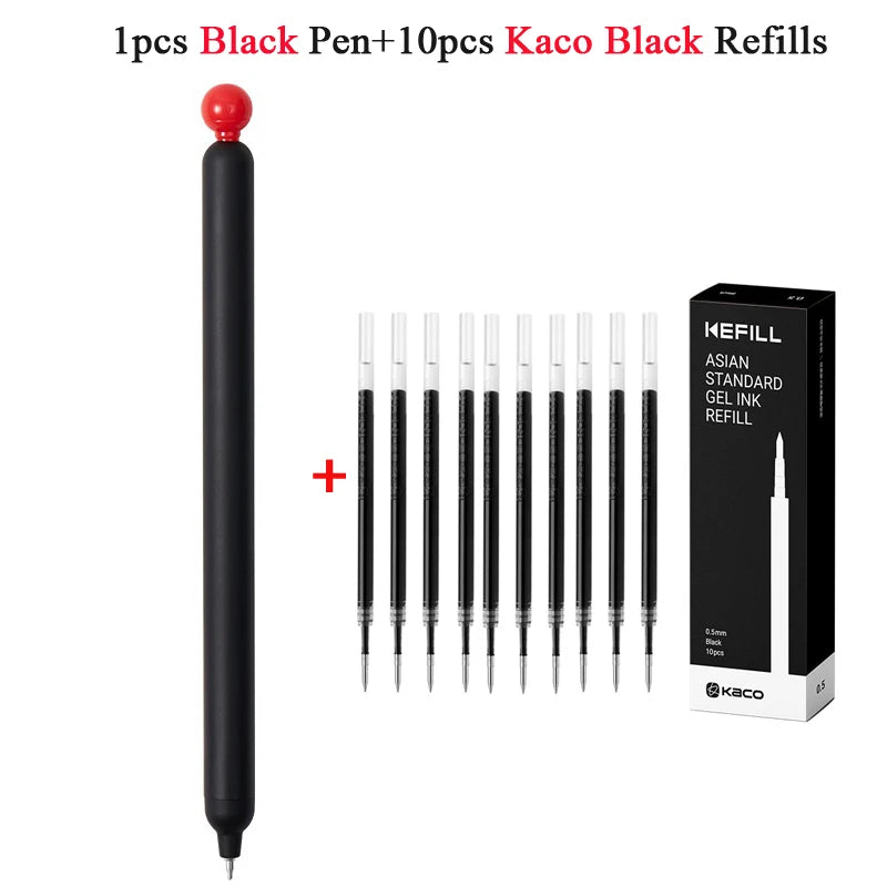 A set of 1 pen and 10 refills of black Kaco gel ink refills