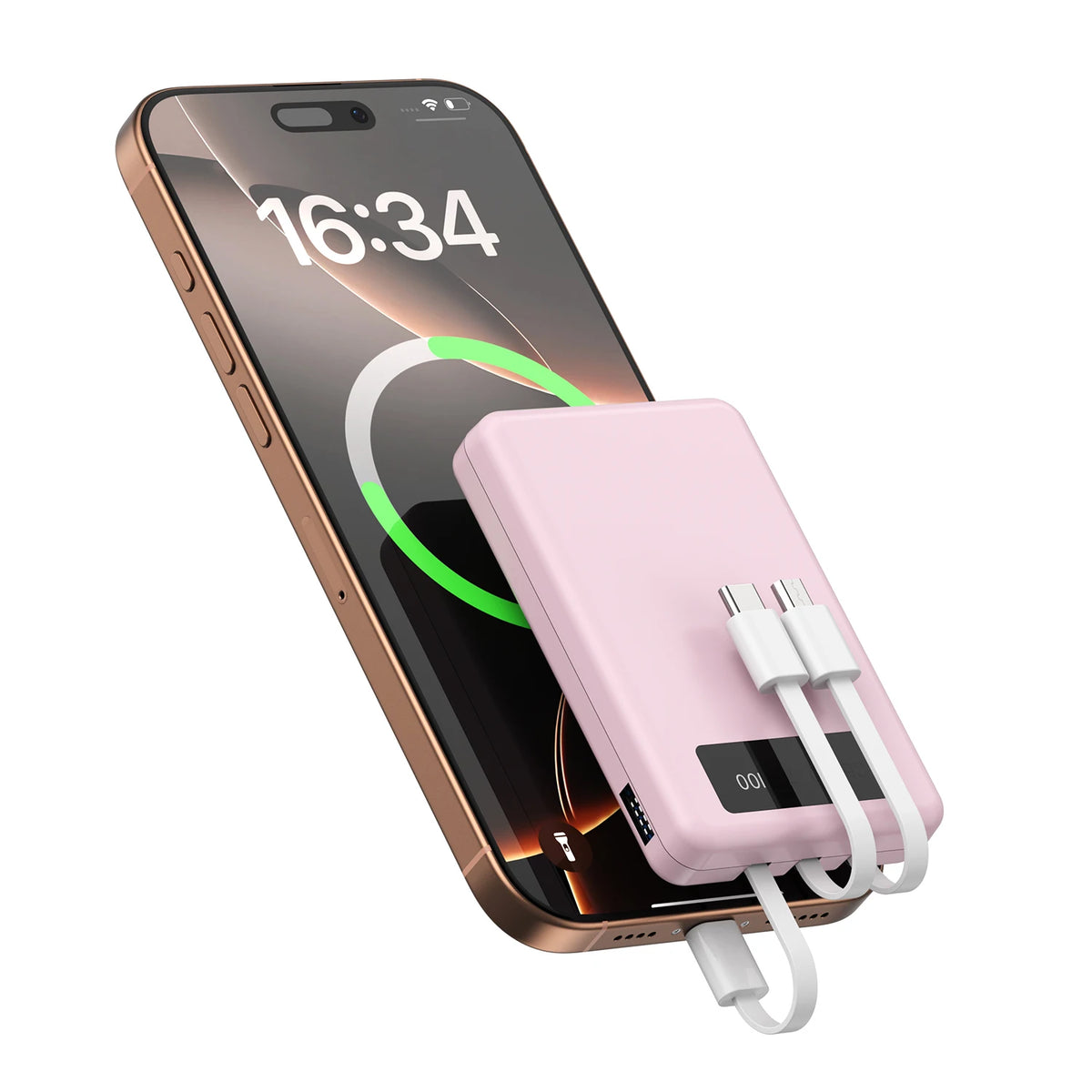 A pink portable power bank with a digital display is shown next to an iPhone displaying the time 16:34.