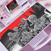Anime-inspired XXL gaming mouse pad featuring dark and light grayscale artwork on a red background