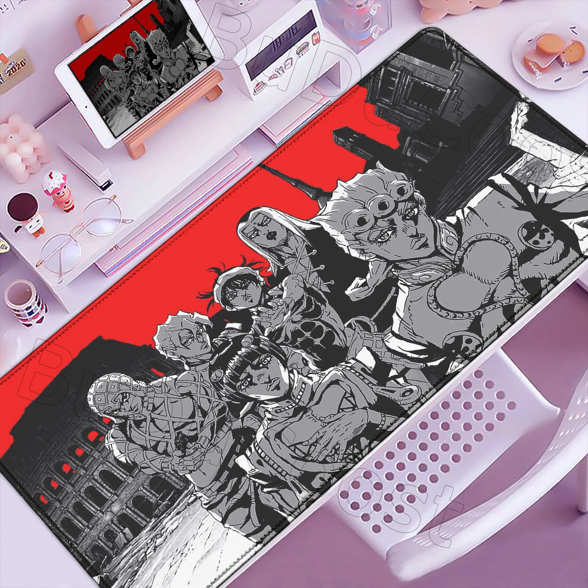 Anime-inspired XXL gaming mouse pad featuring dark and light grayscale artwork on a red background