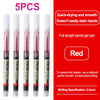 Five red full-length barrel gel pens shown side by side with writing specifications