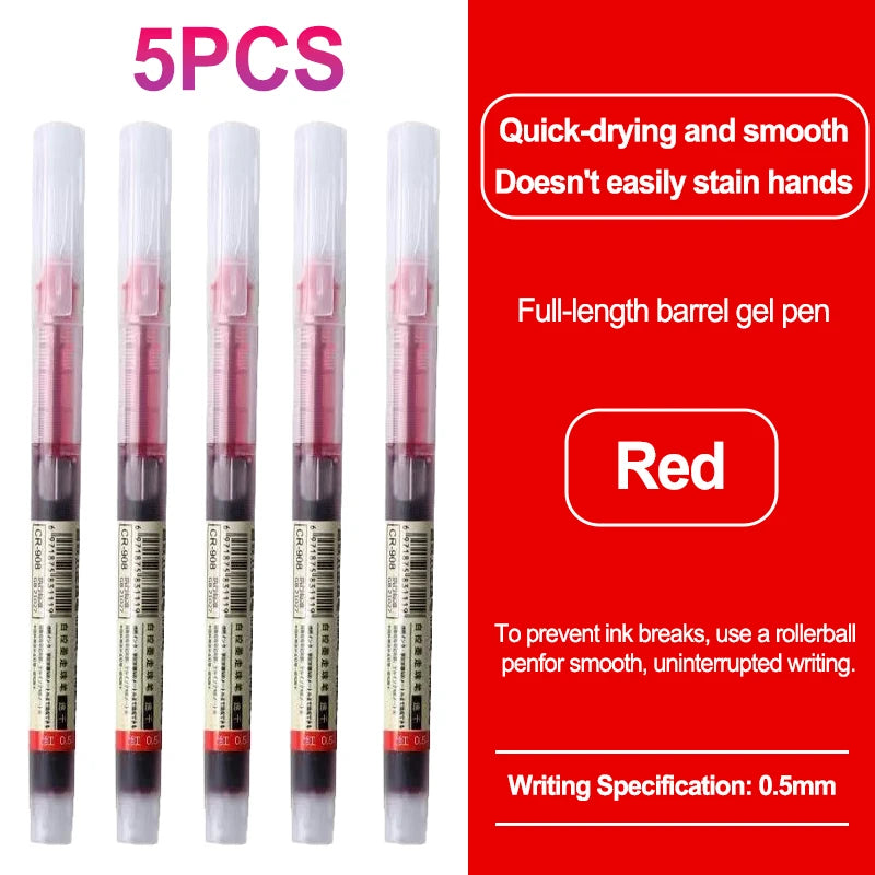 Five red full-length barrel gel pens shown side by side with writing specifications